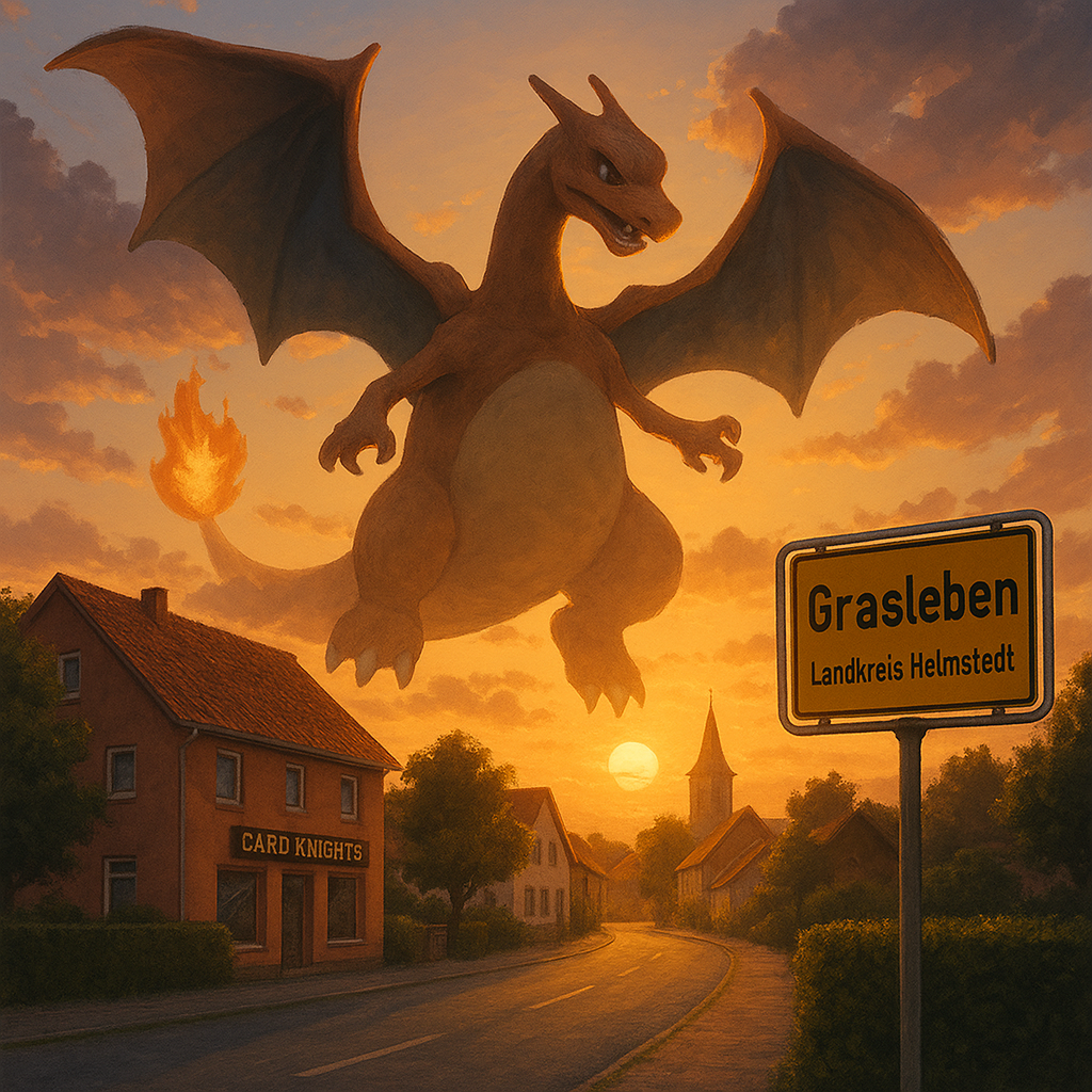 Mega-Glurak X-ex und Mega-Gengar-ex kämpfen im Abendlicht über Grasleben beim Pokémon Release Event „Fatale Flammen“ (ME02).