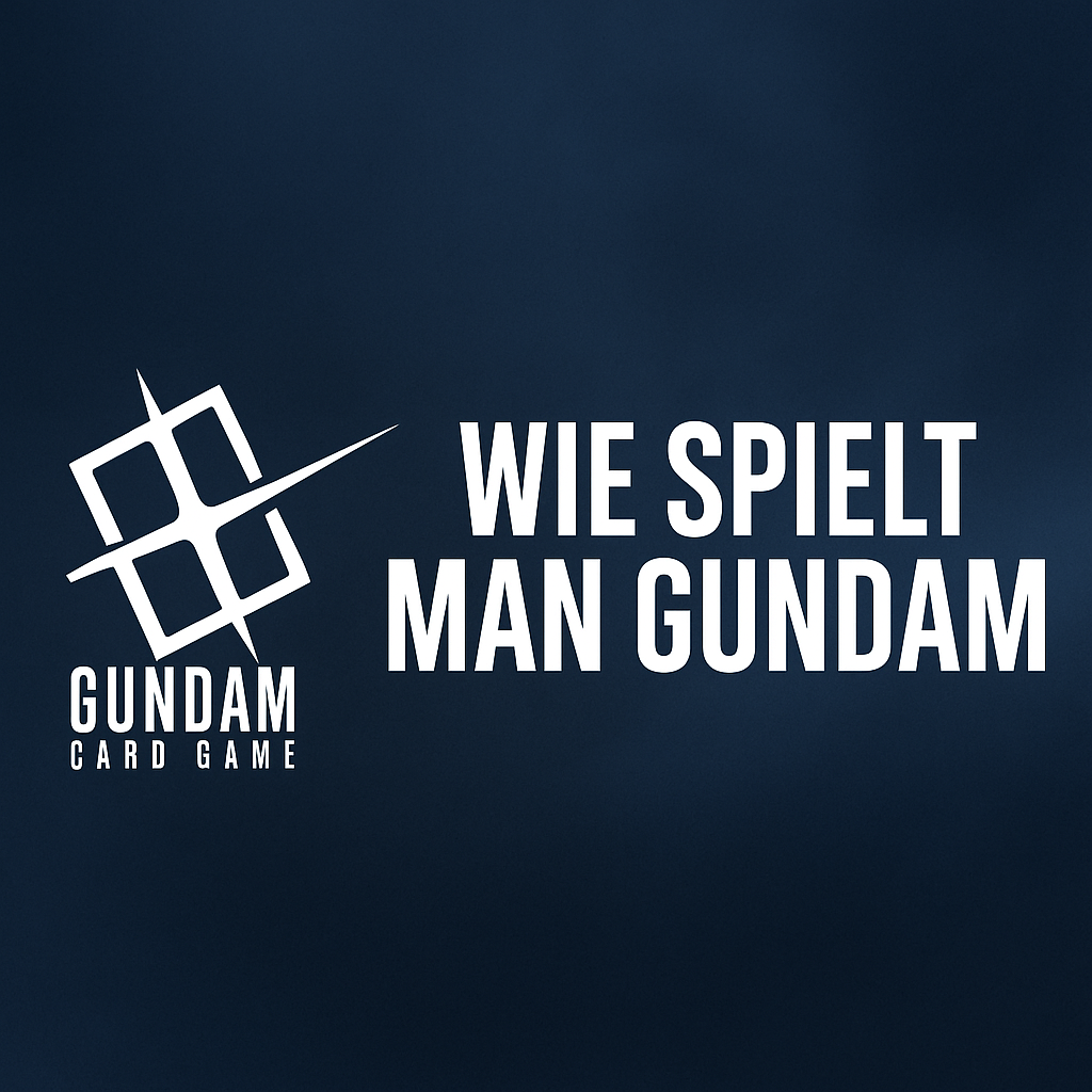 Logo des Gundam Card Game mit Schriftzug „Wie spielt man Gundam“ auf dunkelblauem Hintergrund – offizieller Guide zum neuen TCG-Start.