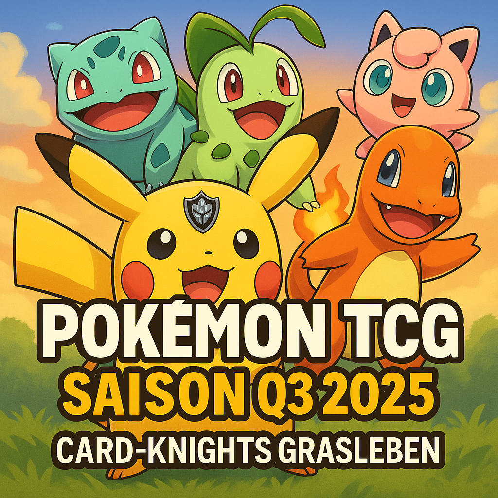 Bunte Pokémon-Szene mit jungen Spieler:innen und Karten, die verschiedene Events der Q3-Saison 2025 im Card-Knights Store symbolisiert.