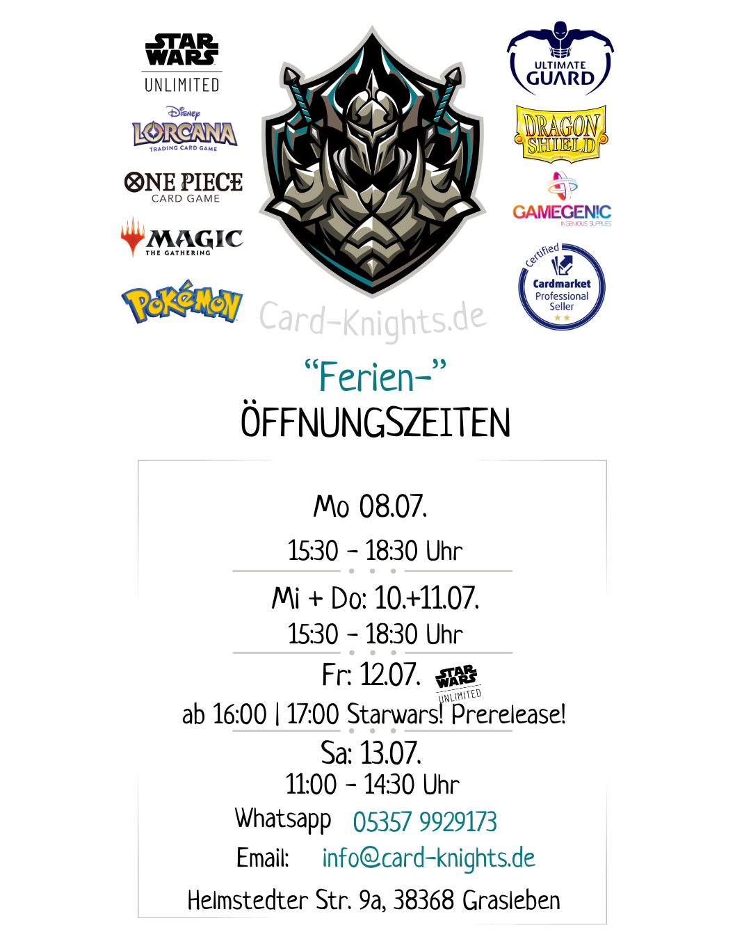 Öffnungszeiten vom 08.07. - 14.07.2024 "Ferienzeit"