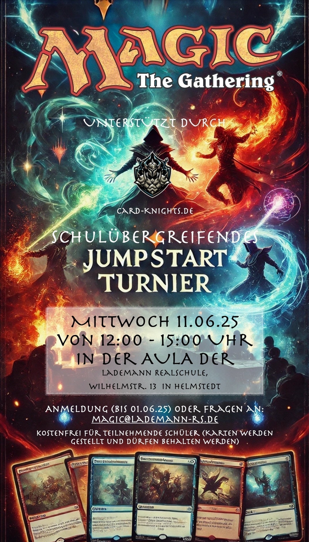 Lademann Realschule Flyer, Einladung zum Jumpstart Turnier, ein Plakat mit magischen Figuren und Werbund für das Turnier