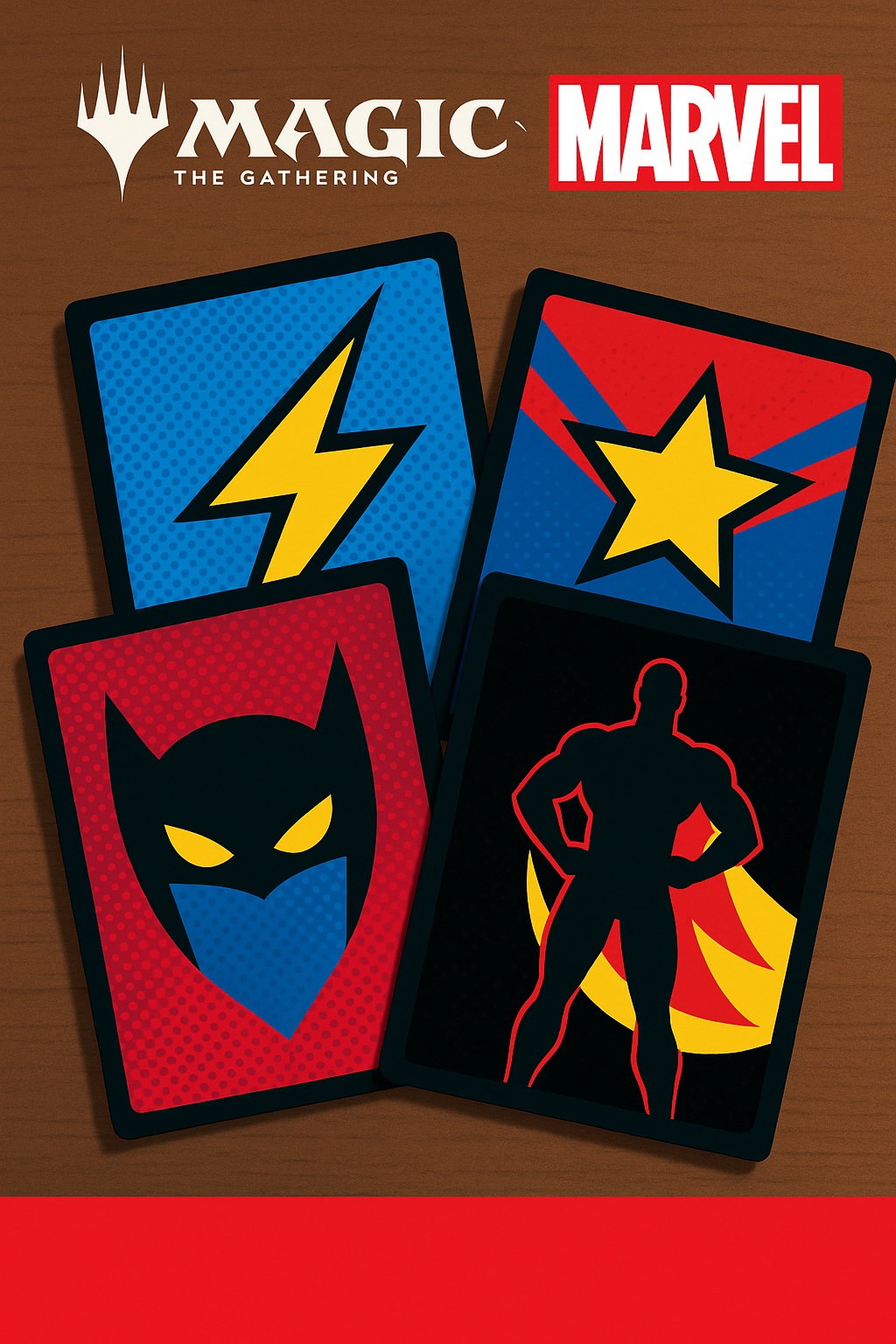 Vier bunte Kartenschutzhüllen im Superhelden-Design inspiriert von Magic: The Gathering und Marvel, dargestellt auf einer Holzoberfläche im 4:5-Format.