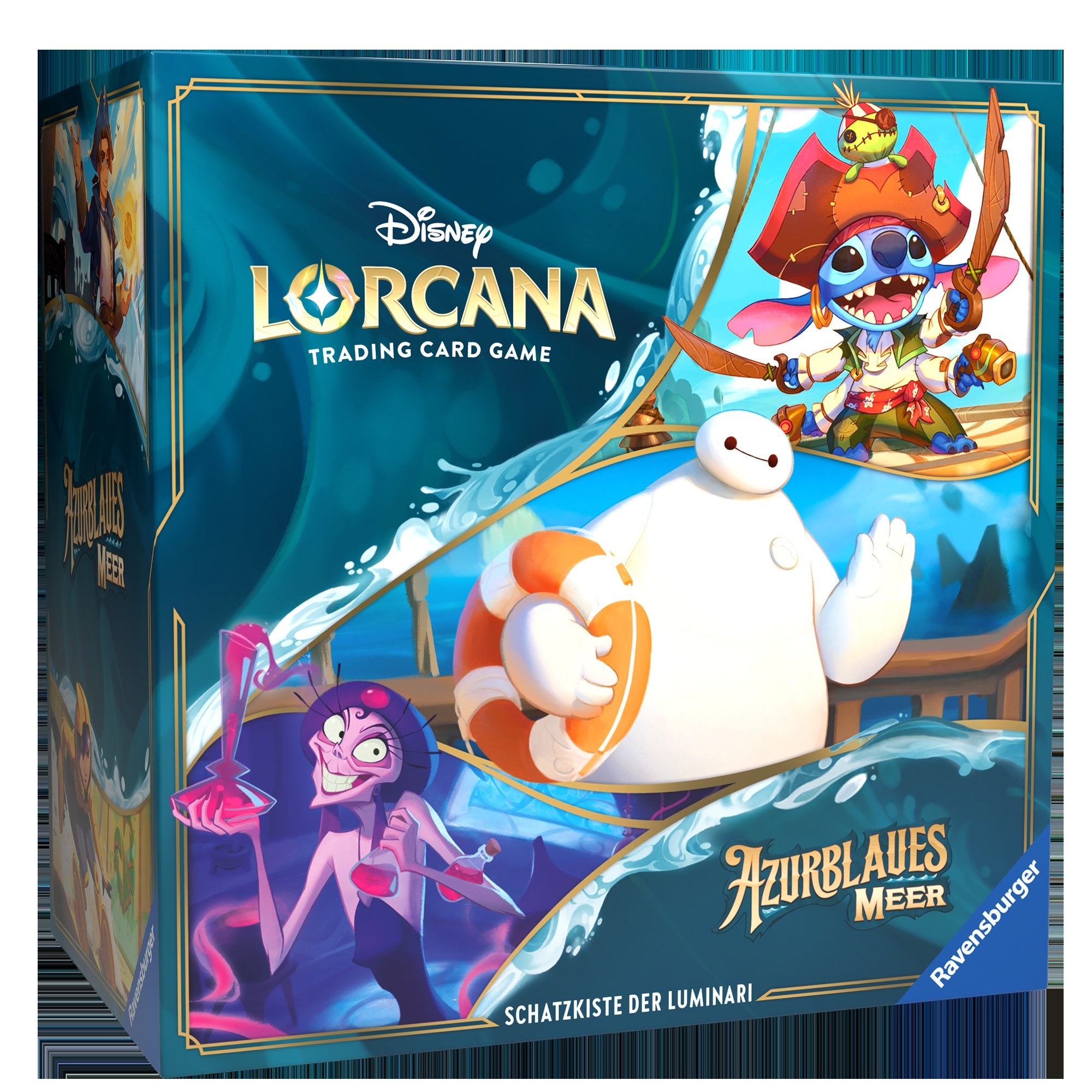 Verpackung des Sets Lorcana – Azurblaues Meer. Das Artwork zeigt eine zauberhafte Meereslandschaft mit Wellen, leuchtendem Wasser und Disney-Charakteren wie Arielle und Vaiana.