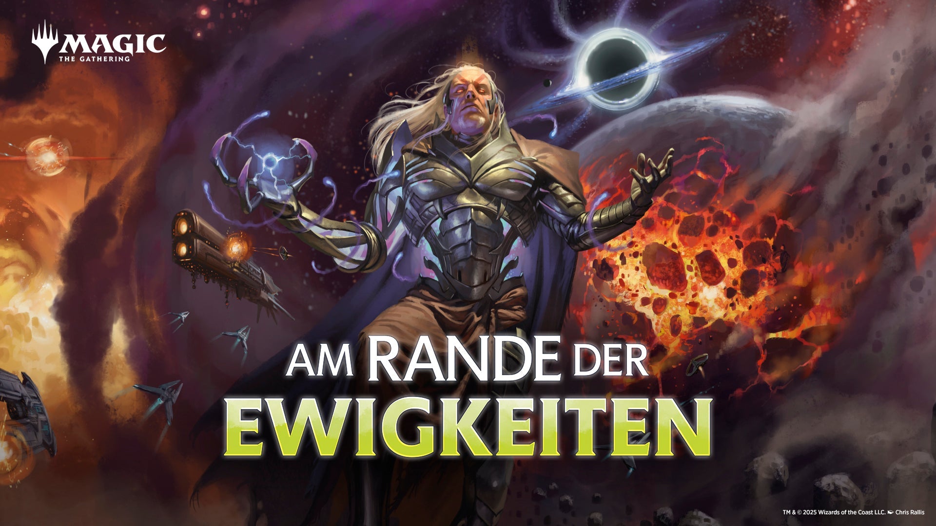 Logo des MTG-Sets Am Rande der Ewigkeiten vor galaktischem Hintergrund. Das Design vermittelt kosmische Energie mit gold-leuchtender Typografie und mystischer Atmosphäre.