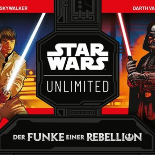 Verpackung des Star Wars Unlimited Sets Funke der Rebellion. Auf dem Box-Art sind ikonische Star Wars Charaktere wie Luke, Vader und ein X-Wing zu sehen, umgeben von galaktischem Hintergrund.