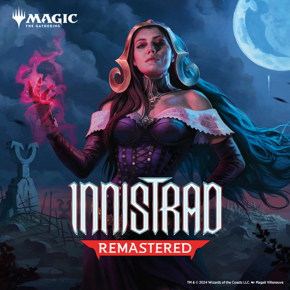 Verpackung von Magic: The Gathering – Innistrad: Remastered. Gezeigt wird eine düstere Burgszene mit blutrotem Himmel, gotischen Türmen und klassischem MTG-Branding.