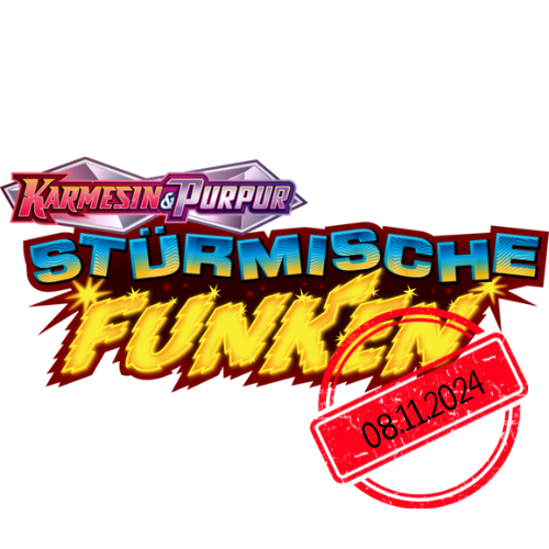 Produktverpackung der Pokémon-Erweiterung Stürmische Funken. Zu sehen ist ein elektrisches Pokémon vor einem Himmel mit Blitzen und Lichtfunken, leuchtend inszeniert auf der Booster-Box.