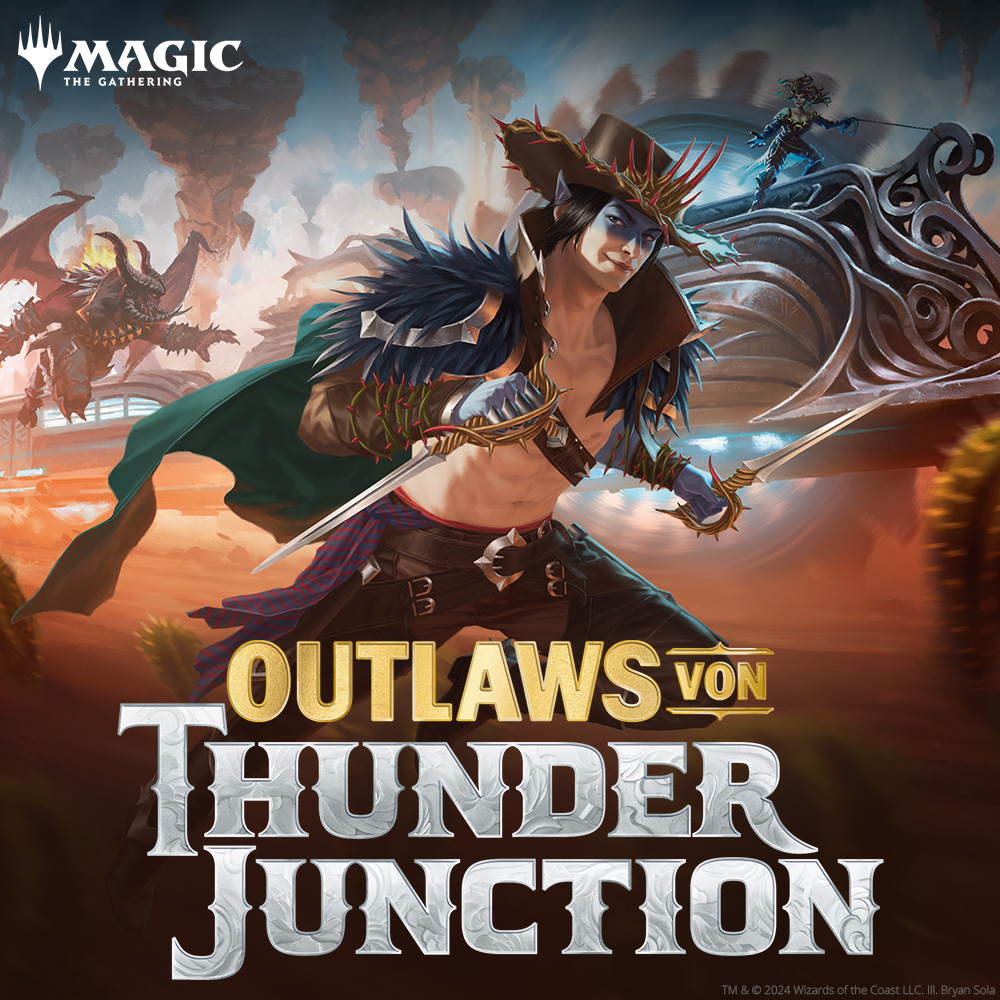 Verpackung des Sets Magic: The Gathering – Outlaws von Thunder Junction. Gezeigt wird ein Western-Setting mit rauchigen Farben, Planeswalker in Outlaw-Pose und stilisiertem Wüstenhintergrund.