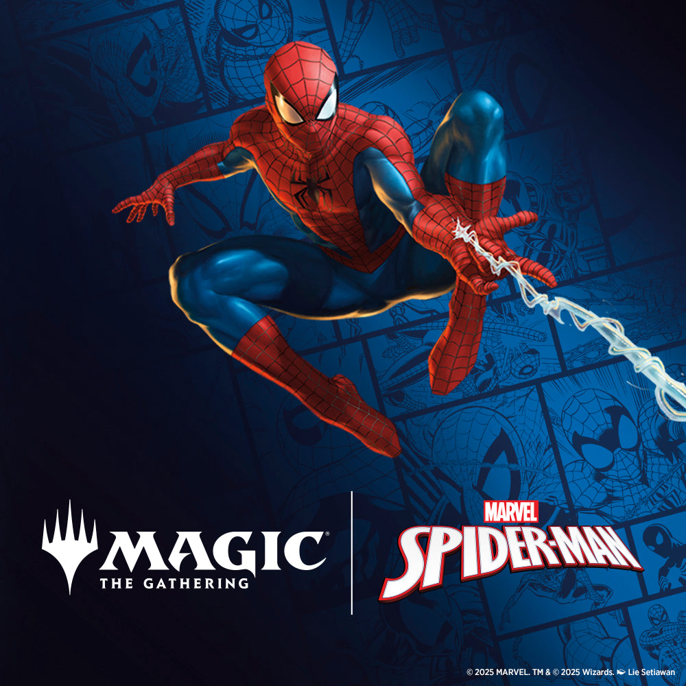 Offizielles Set-Logo von MTG – Marvel’s Spider-Man. Das Logo zeigt Spider-Man in dynamischer Pose, umgeben von stilisierten Netzlinien und dem Universes-Beyond-Branding im MTG-Stil.