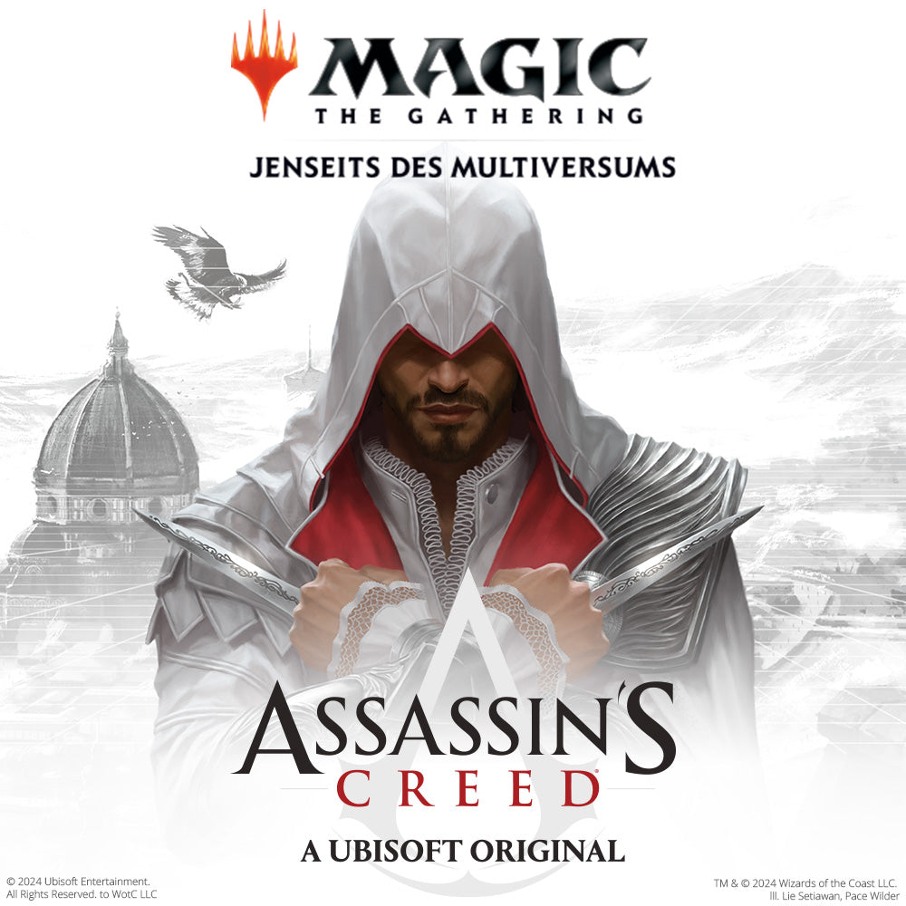 Verpackung des MTG-Sets Assassin’s Creed mit ikonischer Assassinen-Silhouette und städtischer Kulisse. Das Design kombiniert klassische MTG-Elemente mit dem Stil der Spielreihe.