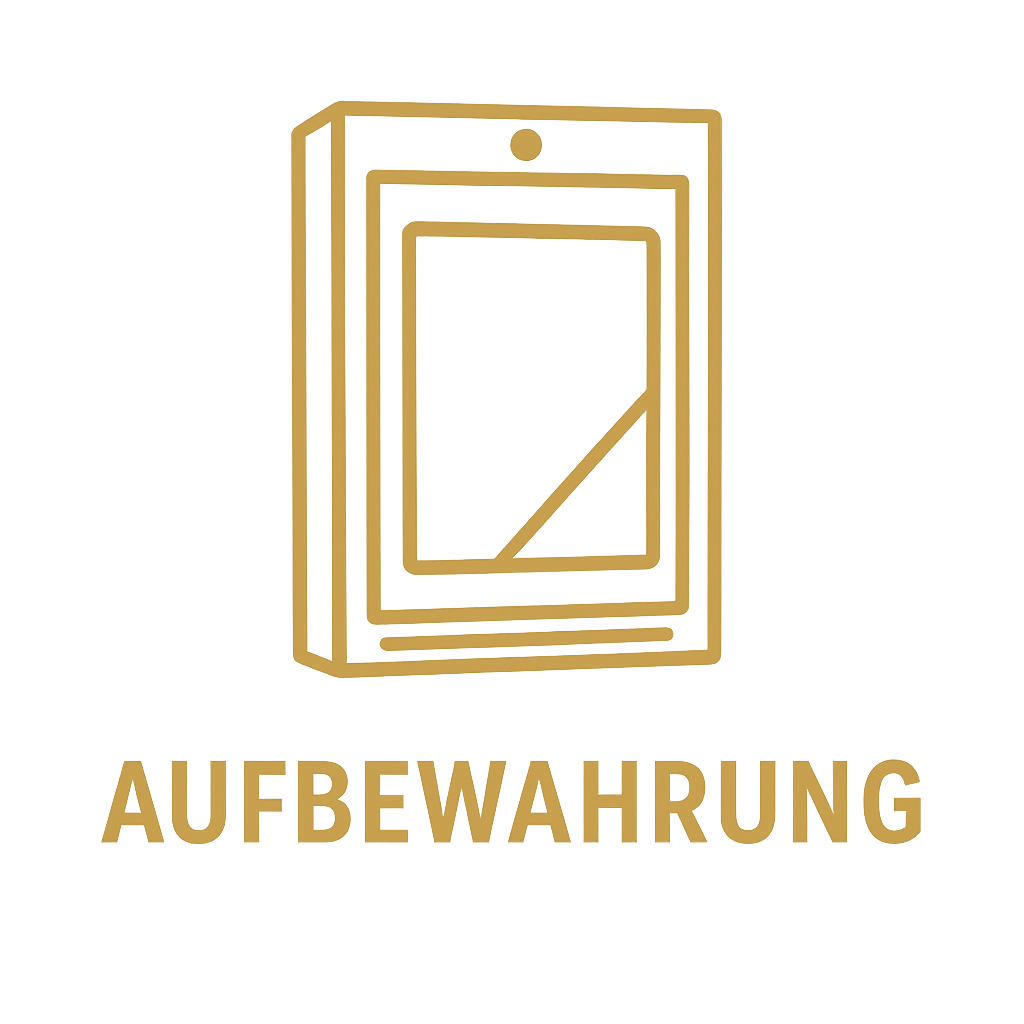 Logo der Kategorie „Aufbewahrung“ mit einer stilisierten goldenen Acrylbox in Frontalansicht und dem Schriftzug „AUFBEWAHRUNG“ in goldenen Großbuchstaben auf weißem Hintergrund.