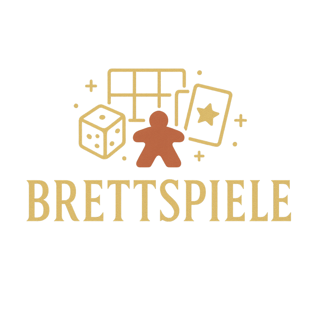 ogo der Kategorie „Brettspiele“ mit einem roten Meeple, einem Spielbrett-Raster, einem Würfel und zwei Spielkarten, darüber der Schriftzug „BRETTSPIELE“ in goldgelber Serifenschrift auf dunklem Hintergrund.