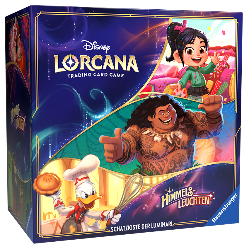 Produktabbildung des Illumineer’s Trove aus dem Lorcana-Set Himmelsleuchten. Gezeigt wird eine edel gestaltete Aufbewahrungsbox in Himmelblau mit funkelnden Symbolen, Kartenhüllen, Boosterpacks und Spielzubehör.