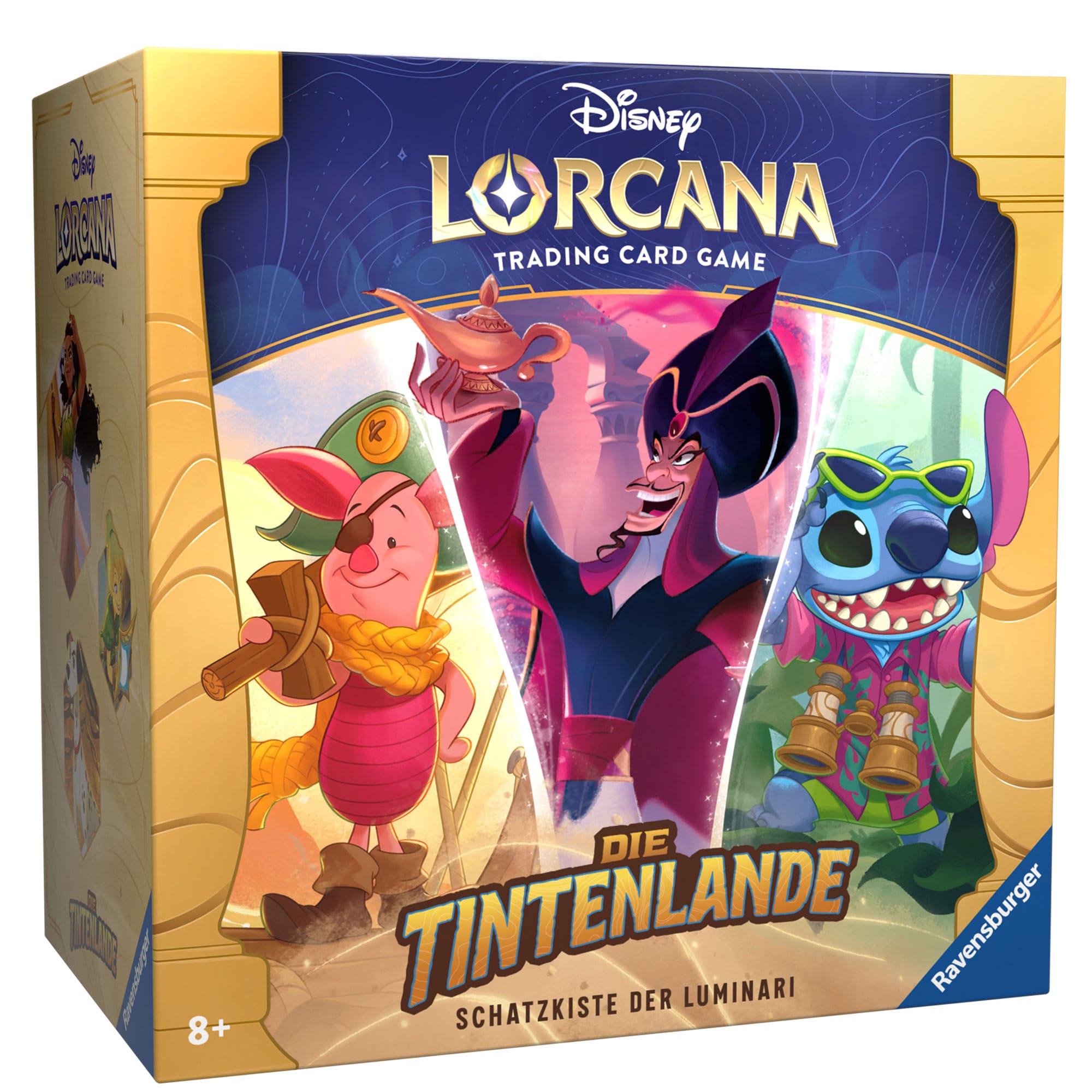 Verpackung des Lorcana-Sets Die Tintenlande. Abgebildet ist ein düster-magisches Fantasy-Setting mit einem geheimnisvollen Fluss aus Tinte und bekannten Disney-Charakteren im neuen Stil.