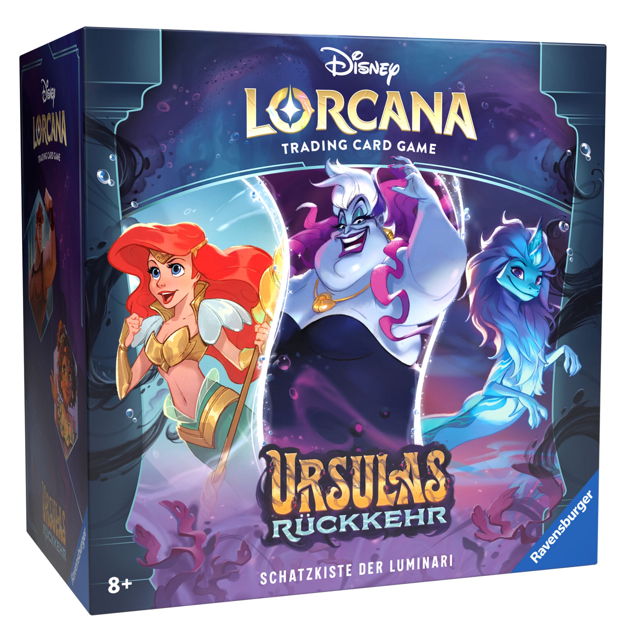 Offizielle Verpackung von Disney Lorcana – Ursulas Rückkehr, mit der ikonischen Disney-Schurkin Ursula in violett-blauem magischen Design. Darstellung von Karten und Box-Artwork.