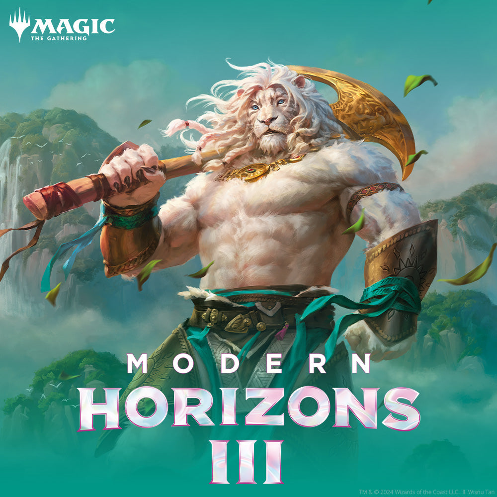 Verpackung von Magic: The Gathering – Modern Horizons 3. Zu sehen ist ein episches Fantasy-Artwork mit Planeswalkern und Elementarmagie auf modern gestalteter Box.