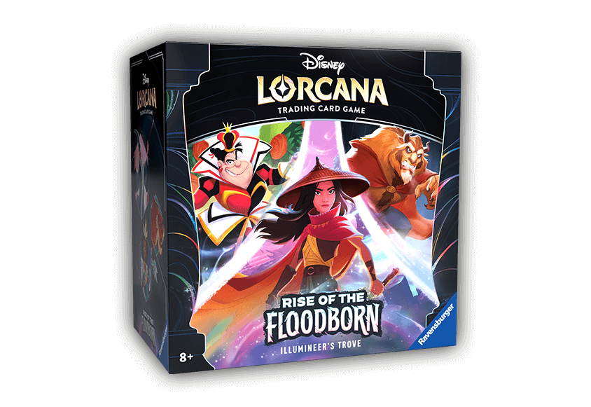 Verpackung des Lorcana-Sets Aufstieg der Flutgestalten. Das Artwork zeigt düstere Disney-Figuren mit wasser- und nebelartigen Effekten vor einem bedrohlich-dynamischen Hintergrund.