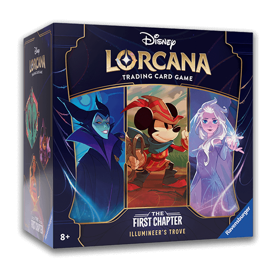 Produktverpackung des Sets Lorcana – Das erste Kapitel mit farbenfroher Gestaltung. Zu sehen sind Disney-Figuren wie Elsa und Mickey vor einem leuchtenden, magischen Hintergrund.