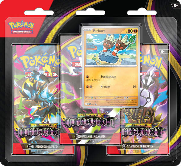Pokémon ME05 Dunkelnacht 3-Pack Blister mit holografischer Bithora Promokarte, drei Boosterpacks der Erweiterung Dunkelnacht und einer Pokémon-Münze für Sammler und Spieler
