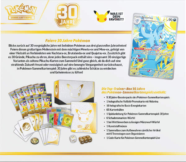 Pokémon 30 Jahre Top-Trainer-Box mit neun Boosterpacks, holografischer Nidorina Vollbild-Promokarte, Kartenhüllen und umfangreichem Zubehör zur Jubiläumserweiterung des Pokémon-Sammelkartenspiels hinten