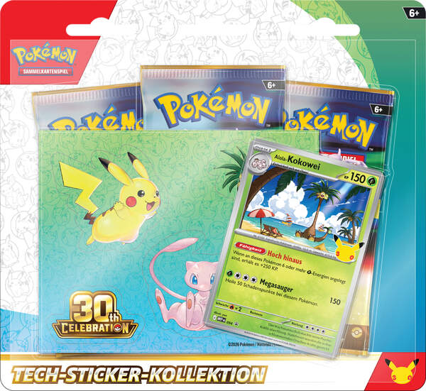 Pokémon 30 Jahre Tech-Sticker-Kollektion mit holografischer Promokarte von Lucario oder Alola-Kokowei, passendem Tech-Stickerbogen und drei Boosterpacks der Pokémon-Sammelkartenspiel-Erweiterung 30 Jahre
