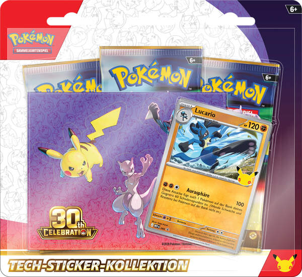 Pokémon 30 Jahre Tech-Sticker-Kollektion mit holografischer Promokarte von Lucario oder Alola-Kokowei, passendem Tech-Stickerbogen und drei Boosterpacks der Pokémon-Sammelkartenspiel-Erweiterung 30 Jahre