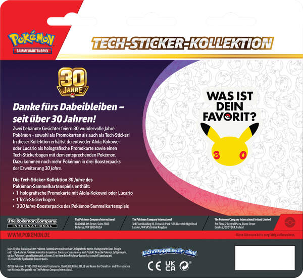 Pokémon 30 Jahre Tech-Sticker-Kollektion mit holografischer Promokarte von Lucario oder Alola-Kokowei, passendem Tech-Stickerbogen und drei Boosterpacks der Pokémon-Sammelkartenspiel-Erweiterung 30 Jahre