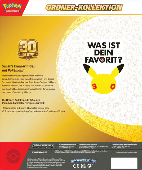Pokémon 30 Jahre Ordner-Kollektion mit thematischem Sammelordner im Jubiläumsdesign und fünf Boosterpacks der Pokémon-Sammelkartenspiel-Erweiterung 30 Jahre zur sicheren Aufbewahrung von Sammelkarten