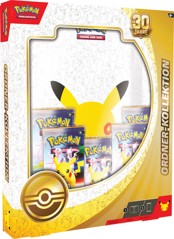 Pokémon 30 Jahre Ordner-Kollektion mit thematischem Sammelordner im Jubiläumsdesign und fünf Boosterpacks der Pokémon-Sammelkartenspiel-Erweiterung 30 Jahre zur sicheren Aufbewahrung von Sammelkarten