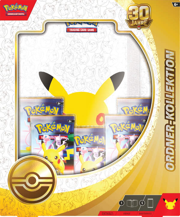 Pokémon 30 Jahre Ordner-Kollektion mit thematischem Sammelordner im Jubiläumsdesign und fünf Boosterpacks der Pokémon-Sammelkartenspiel-Erweiterung 30 Jahre zur sicheren Aufbewahrung von Sammelkarten