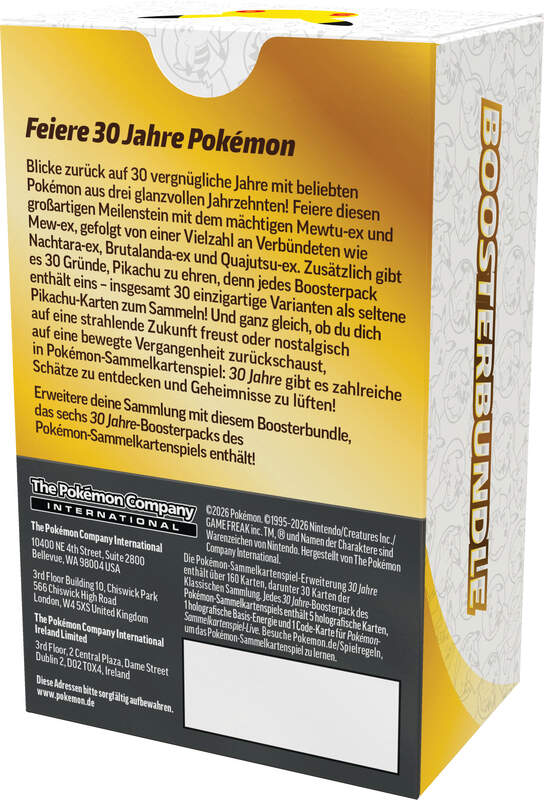 Pokémon Karmesin & Purpur 30 Jahre Boosterbundle in deutscher Sprache mit sechs Boosterpacks der Jubiläumserweiterung und exklusiven Pikachu-Sammelkarten zum 30-jährigen Pokémon-Jubiläum