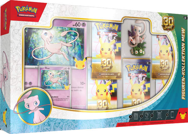Pokémon Karmesin & Purpur 30 Jahre Mew Figuren-Kollektion in deutscher Sprache mit holografischer Mew-Promokarte, übergroßer Mew-Karte, Sammlerfigur und fünf Boosterpacks der Jubiläumserweiterung