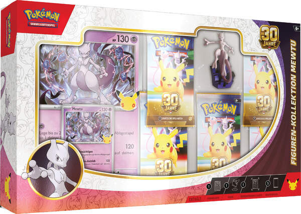 Pokémon Karmesin & Purpur 30 Jahre Mewtu Figuren-Kollektion in deutscher Sprache mit holografischer Mewtu-Promokarte, übergroßer Mewtu-Karte, Sammlerfigur und fünf Boosterpacks der Jubiläumserweiterung