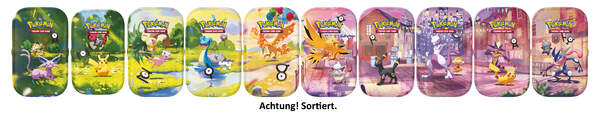 Pokémon Karmesin & Purpur 30 Jahre Mini-Tin in deutscher Sprache mit zwei Boosterpacks, Stickerbogen, Pokémon-Bildkarte und robuster Metallbox in einem zufälligen von zehn Sammelmotiven