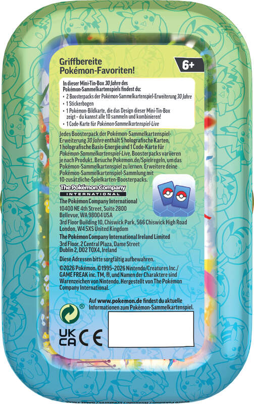 Pokémon Karmesin & Purpur 30 Jahre Mini-Tin in deutscher Sprache mit zwei Boosterpacks, Stickerbogen, Pokémon-Bildkarte und robuster Metallbox in einem zufälligen von zehn Sammelmotiven
