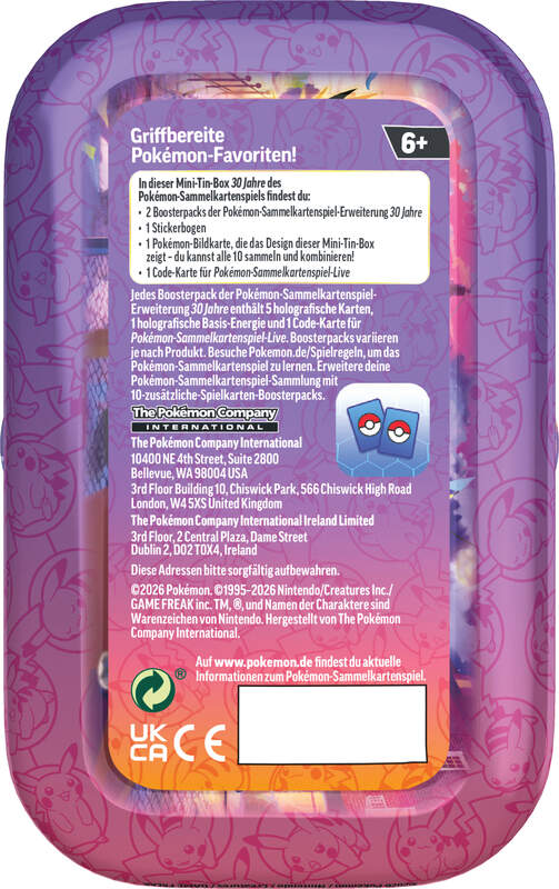 Pokémon Karmesin & Purpur 30 Jahre Mini-Tin in deutscher Sprache mit zwei Boosterpacks, Stickerbogen, Pokémon-Bildkarte und robuster Metallbox in einem zufälligen von zehn Sammelmotiven
