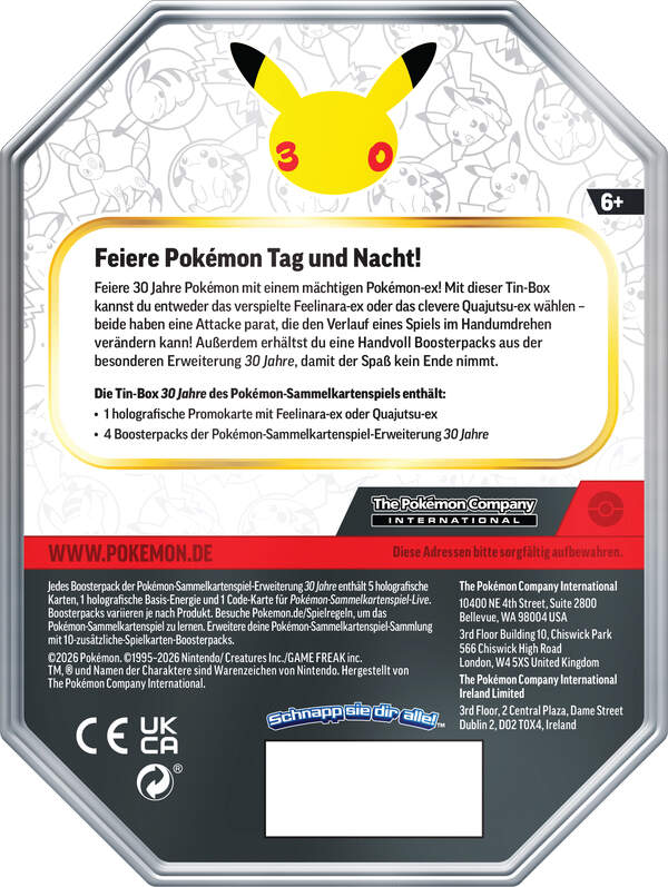 Pokémon Tin-Box 30 Jahre: Tag mit holografischer Feelinara-ex Promokarte und vier Boosterpacks der Pokémon-Sammelkartenspiel-Erweiterung 30 Jahre in einer hochwertigen Metallbox