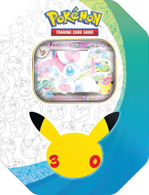 Pokémon Tin-Box 30 Jahre: Tag mit holografischer Feelinara-ex Promokarte und vier Boosterpacks der Pokémon-Sammelkartenspiel-Erweiterung 30 Jahre in einer hochwertigen Metallbox
