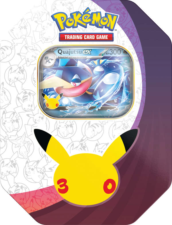 Pokémon Tin-Box 30 Jahre: Nacht mit holografischer Quajutsu-ex Promokarte und vier Boosterpacks der Pokémon-Sammelkartenspiel-Erweiterung 30 Jahre in einer hochwertigen Metallbox