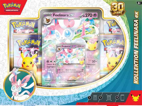 Pokémon 30 Jahre Kollektion mit holografischer Feelinara-ex Promokarte, übergroßer holografischer Sammelkarte und vier Boosterpacks der Pokémon-Sammelkartenspiel-Erweiterung 30 Jahre