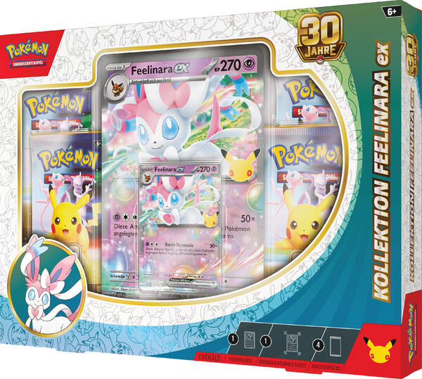 Pokémon 30 Jahre Kollektion mit holografischer Feelinara-ex Promokarte, übergroßer holografischer Sammelkarte und vier Boosterpacks der Pokémon-Sammelkartenspiel-Erweiterung 30 Jahre