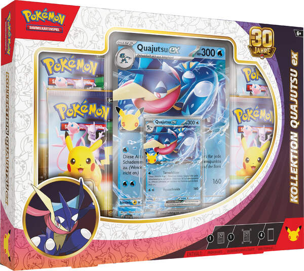 Pokémon 30 Jahre Kollektion mit holografischer Quajutsu-ex Promokarte, übergroßer holografischer Quajutsu-ex Sammlerkarte und vier Boosterpacks der Pokémon-Sammelkartenspiel-Erweiterung 30 Jahre