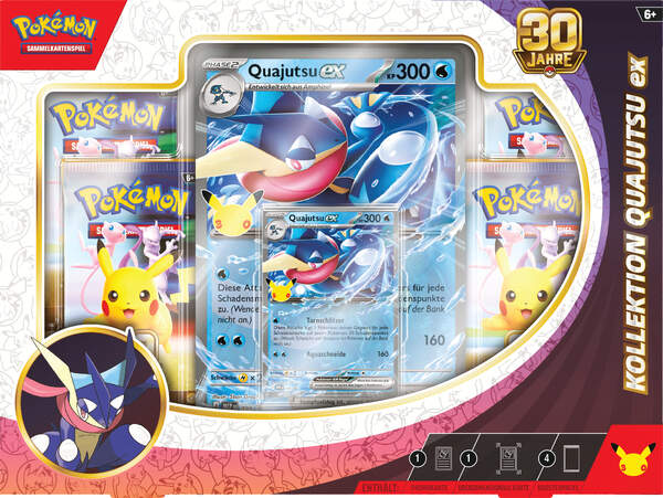Pokémon 30 Jahre Kollektion mit holografischer Quajutsu-ex Promokarte, übergroßer holografischer Quajutsu-ex Sammlerkarte und vier Boosterpacks der Pokémon-Sammelkartenspiel-Erweiterung 30 Jahre