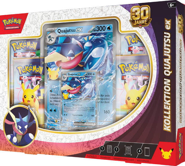 Pokémon 30 Jahre Kollektion mit holografischer Quajutsu-ex Promokarte, übergroßer holografischer Quajutsu-ex Sammlerkarte und vier Boosterpacks der Pokémon-Sammelkartenspiel-Erweiterung 30 Jahre