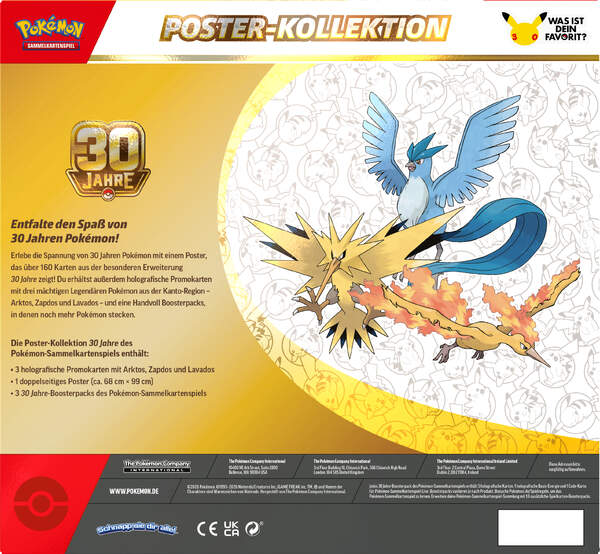 Pokémon 30 Jahre Poster-Kollektion mit holografischen Promokarten von Arktos, Zapdos und Lavados, großem doppelseitigem Poster der Jubiläumserweiterung sowie drei Boosterpacks des Pokémon-Sammelkartenspiels