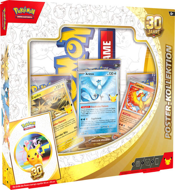 Pokémon 30 Jahre Poster-Kollektion mit holografischen Promokarten von Arktos, Zapdos und Lavados, großem doppelseitigem Poster der Jubiläumserweiterung sowie drei Boosterpacks des Pokémon-Sammelkartenspiels