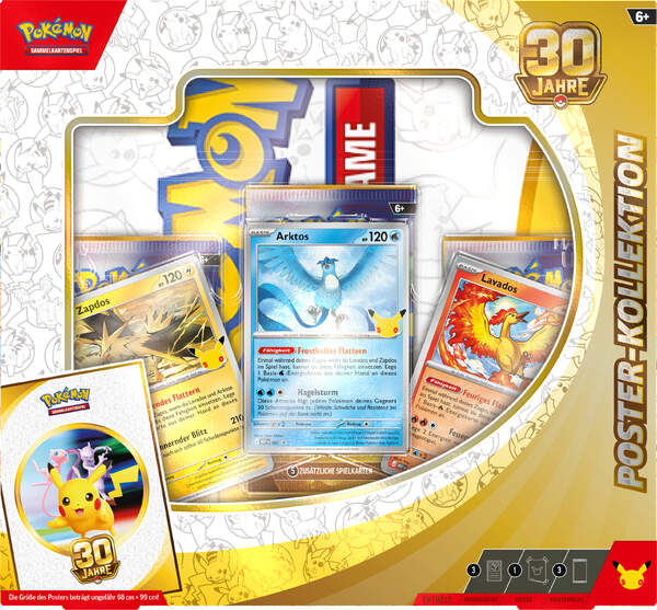Pokémon 30 Jahre Poster-Kollektion mit holografischen Promokarten von Arktos, Zapdos und Lavados, großem doppelseitigem Poster der Jubiläumserweiterung sowie drei Boosterpacks des Pokémon-Sammelkartenspiels