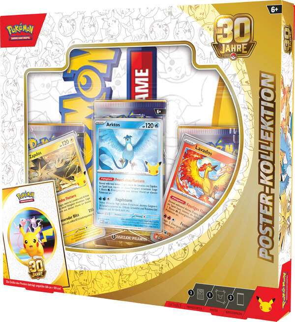 Pokémon 30 Jahre Poster-Kollektion mit holografischen Promokarten von Arktos, Zapdos und Lavados, großem doppelseitigem Poster der Jubiläumserweiterung sowie drei Boosterpacks des Pokémon-Sammelkartenspiels