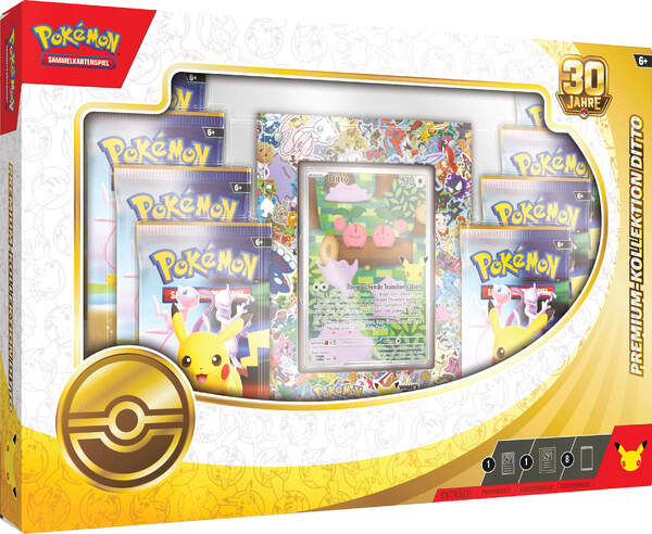 Pokémon Karmesin & Purpur 30 Jahre Ditto Premium-Kollektion in deutscher Sprache mit Ditto-Promokarte, Kunststoff-Kartendisplay und acht Boosterpacks der Jubiläumserweiterung