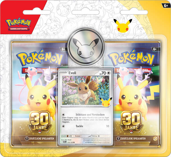 Pokémon 30 Jahre 2er-Pack-Blister mit holografischer Evoli-Promokarte, zwei Boosterpacks der Jubiläumserweiterung und einer Pokémon-Münze in deutscher Sprache